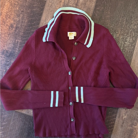 Maeve by Anthropologie Ribbed Cardigan Medium Burgundy Button Front Collared - Picture 2 of 7